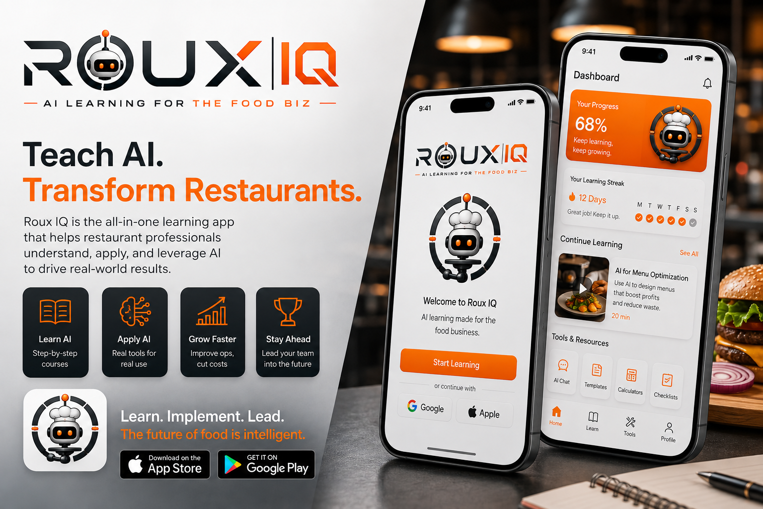 ROUX IQ app marketing preview showing the app interface on two iPhones alongside the logo and app store badges