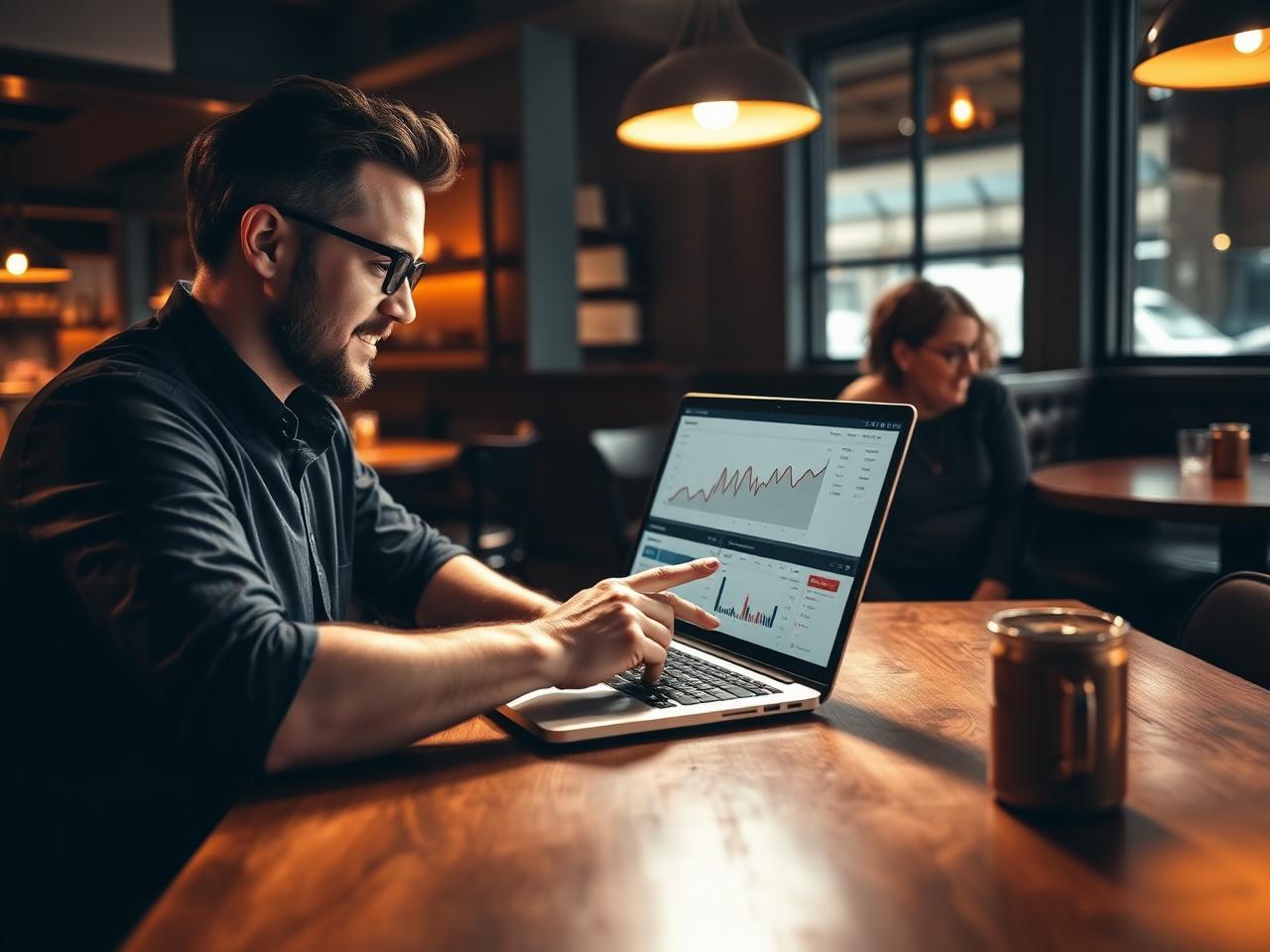 A restaurant leader reviewing point of sale analytics on a laptop in a dining room