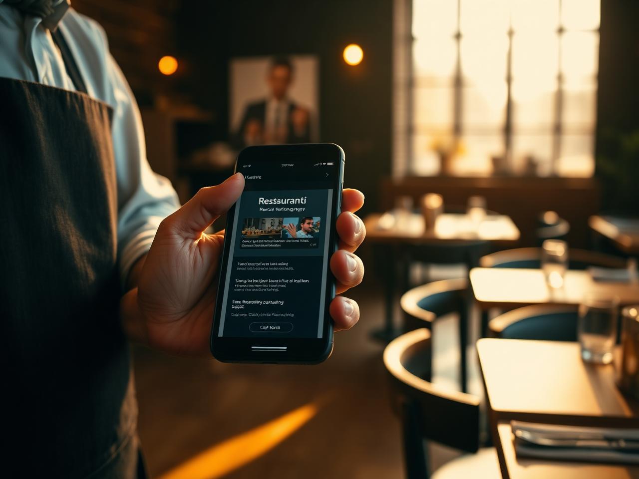 A restaurant manager using the ROUX IQ app on a phone during a shift