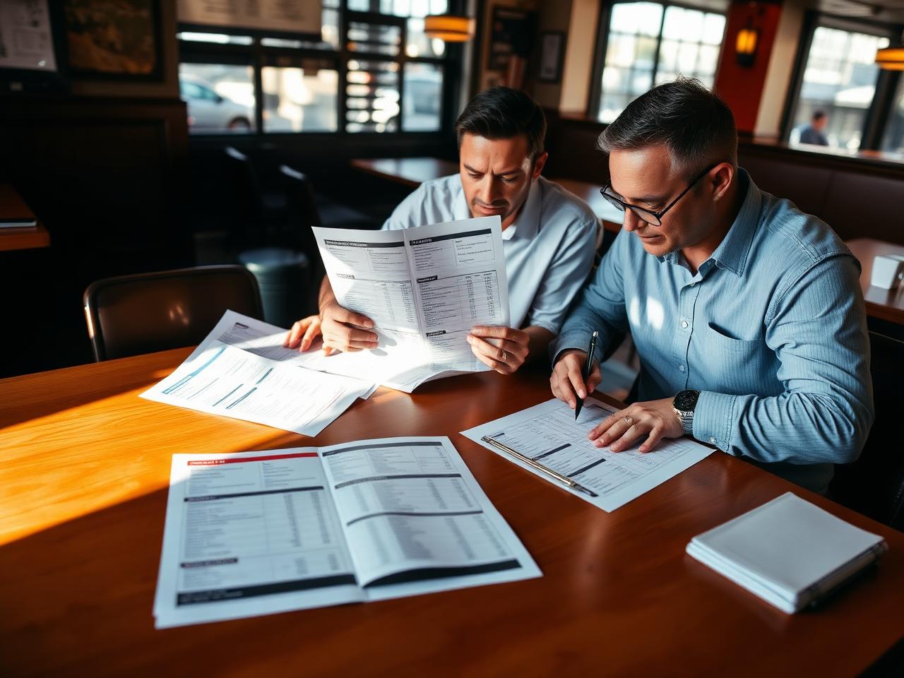 Operators reviewing financial reports and menu plans together at a restaurant table